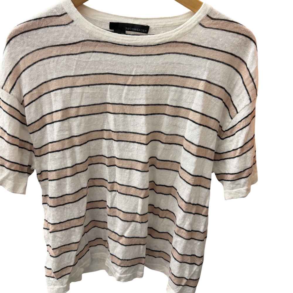 360SWEATER Linen Striped Top Womens Medium White Tan Excellent Short Sleeve Knit